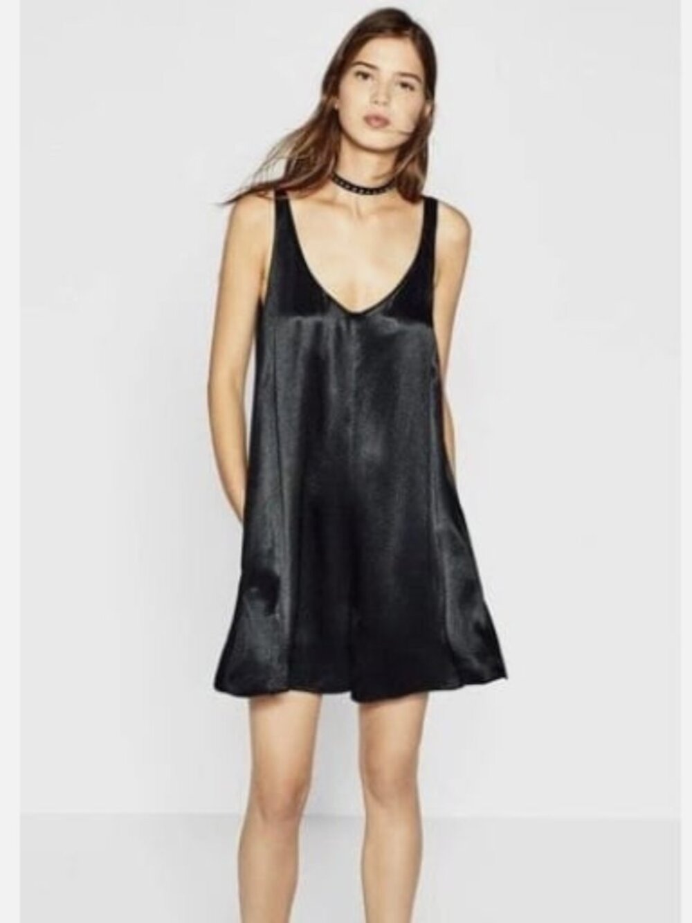 Zara Flowy Black Satin Shorts Romper with Lace Back
